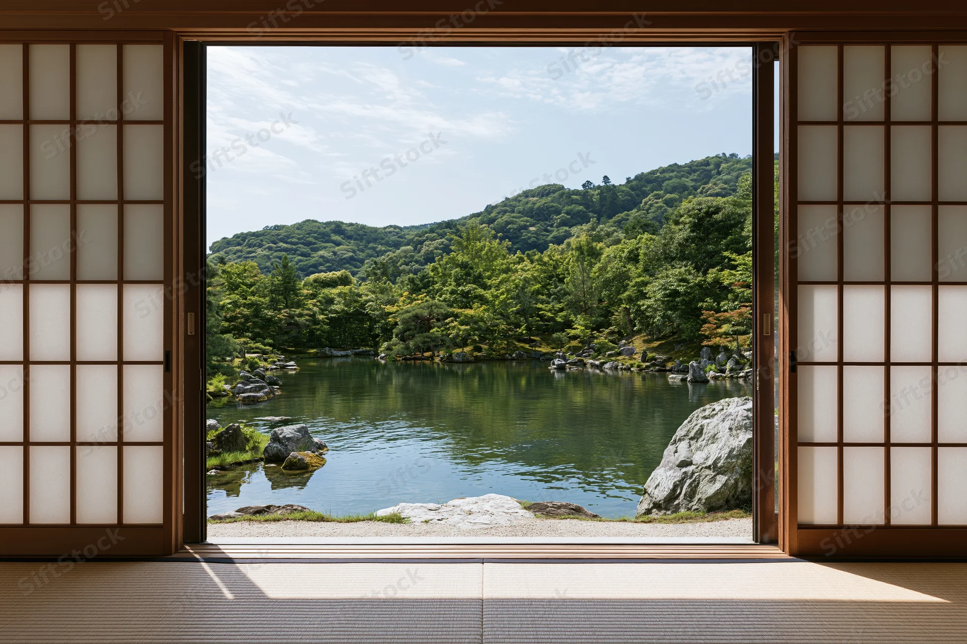 View through open shoji sliding doors onto a tranquil lake surrounded by green forest and rocks from a traditional japanese interior
