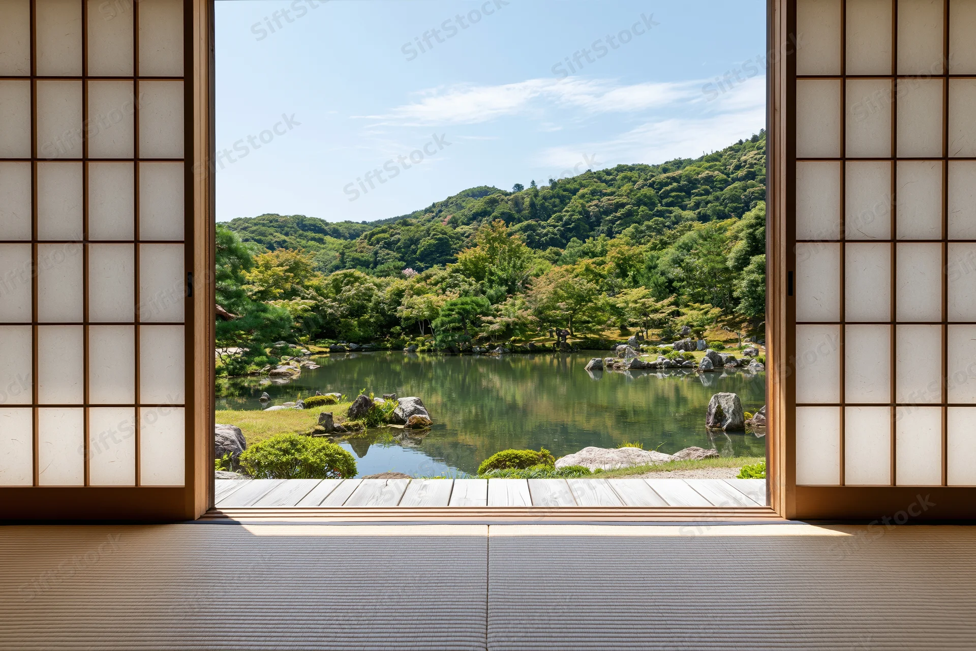 Open shoji doors framing a traditional japanese garden with pond and green hills viewed from tatami floor interior