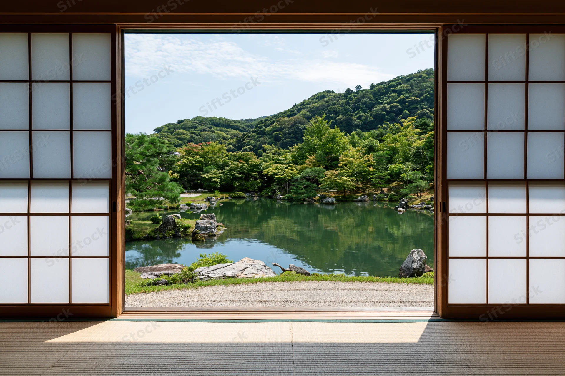 View through open shoji doors onto a tranquil japanese garden with pond and forested hill