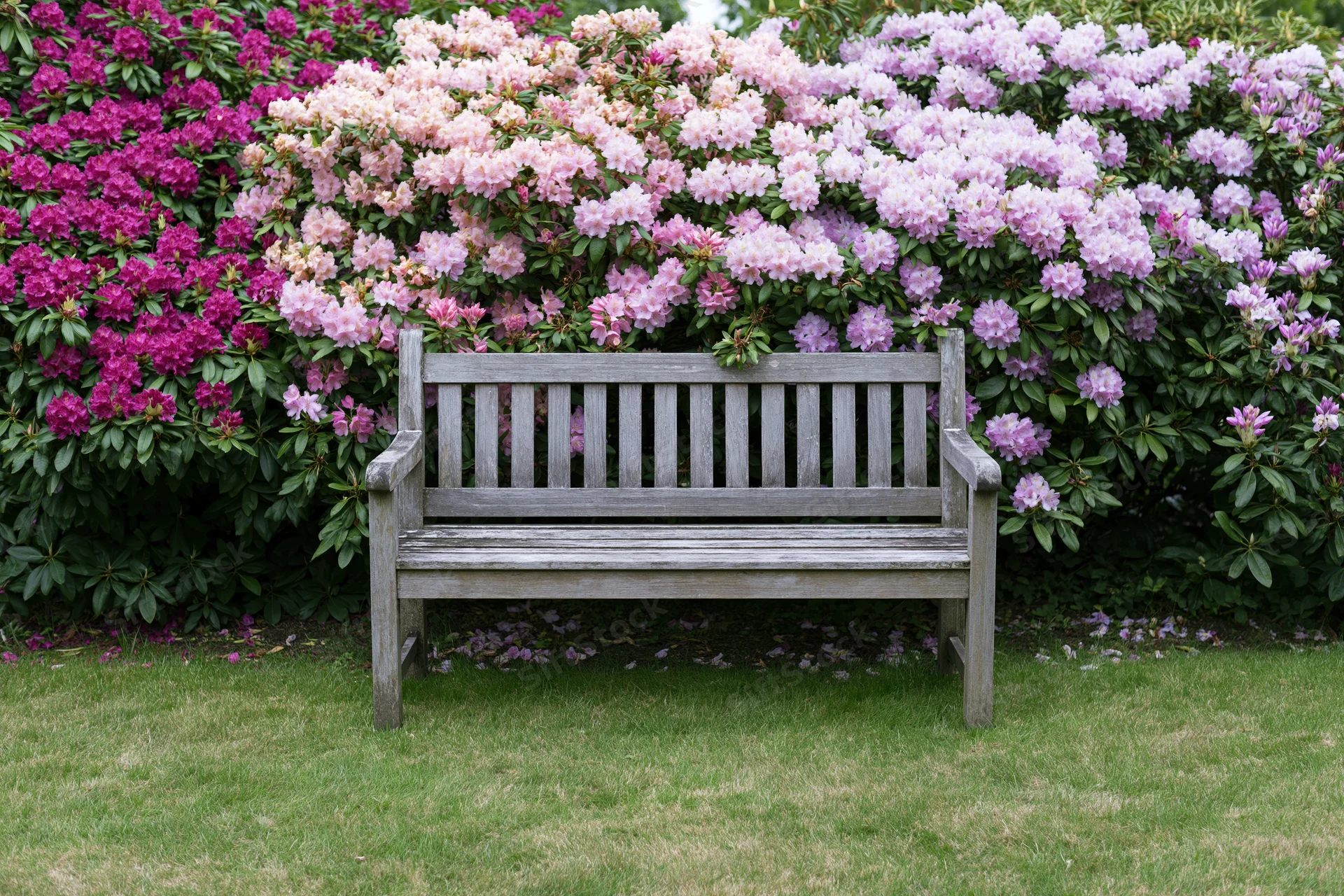Weathered wooden bench in front of blooming rhododendron shrubs in a garden