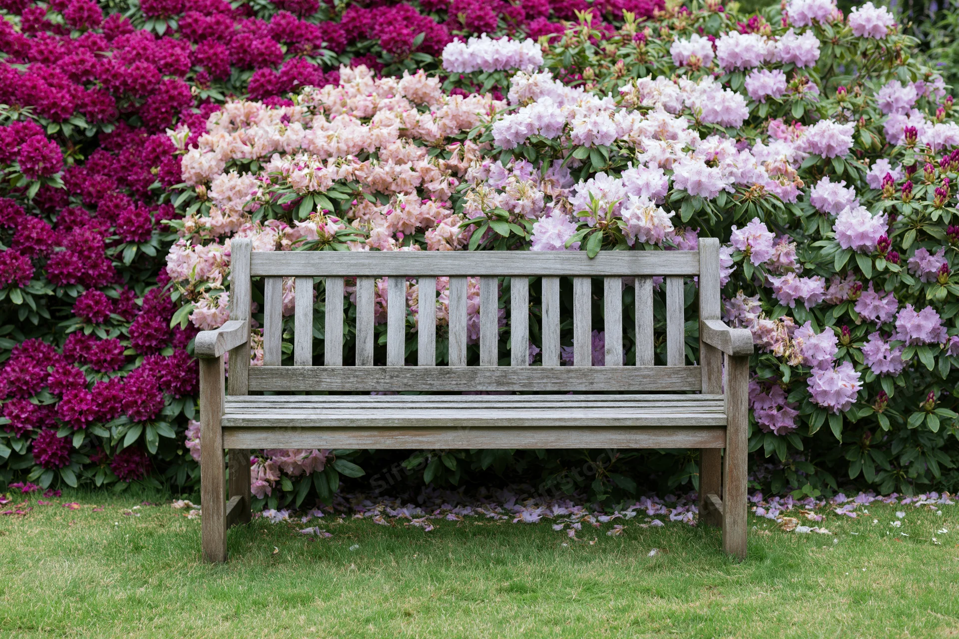 Weathered wooden bench in front of blooming rhododendron shrubs in a grassy garden