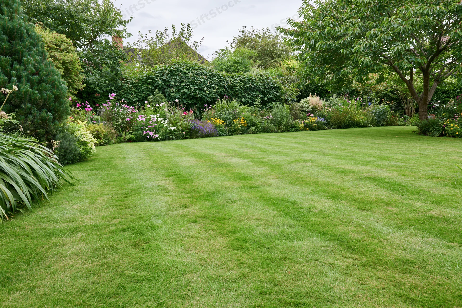 Neatly mowed green lawn with flowerbeds and shrubs in a residential garden