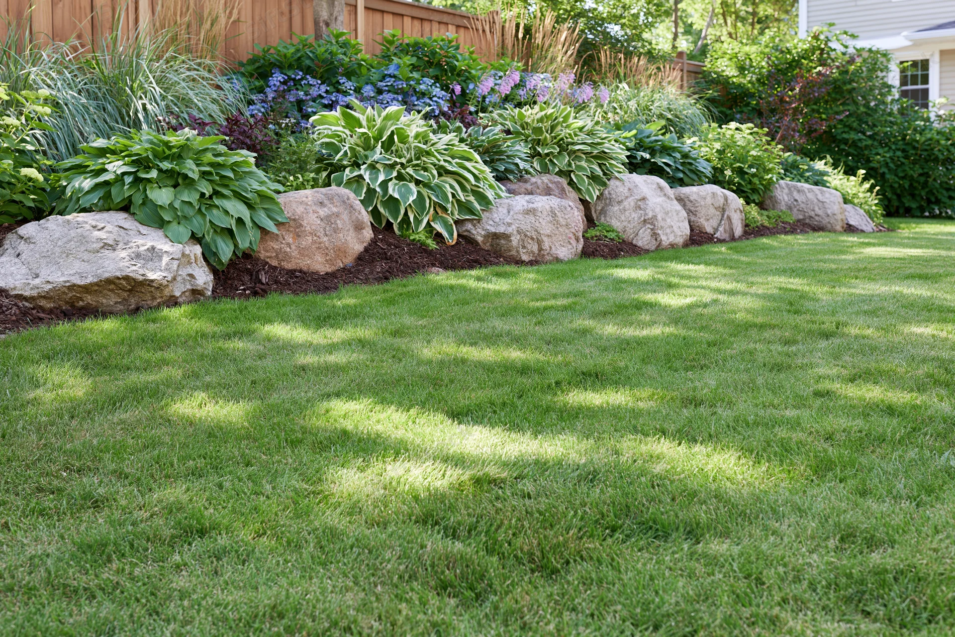 Well-maintained suburban backyard lawn with rocks and flowering plants along a garden border