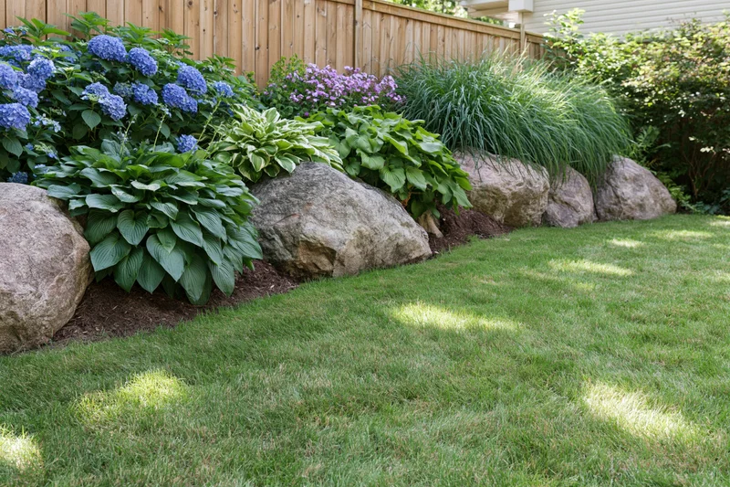 Well-maintained suburban backyard lawn with garden bed of hydrangeas and hostas bordered by rocks and wooden fence