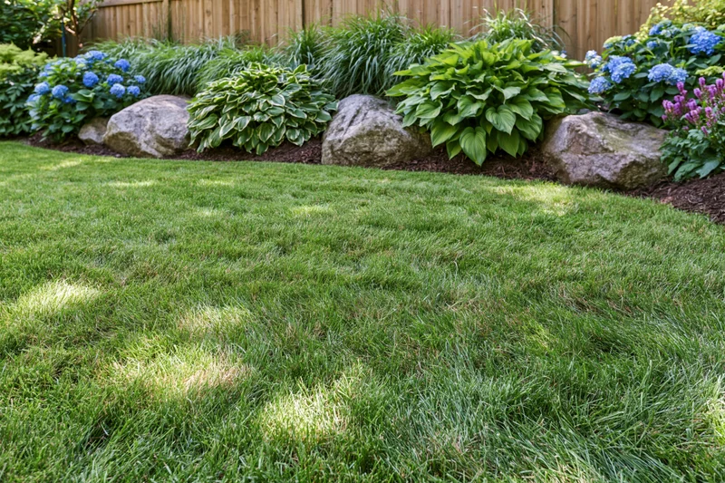 Freshly mowed lawn in a suburban backyard bordered by garden beds with hosta, hydrangea, rocks and mulch