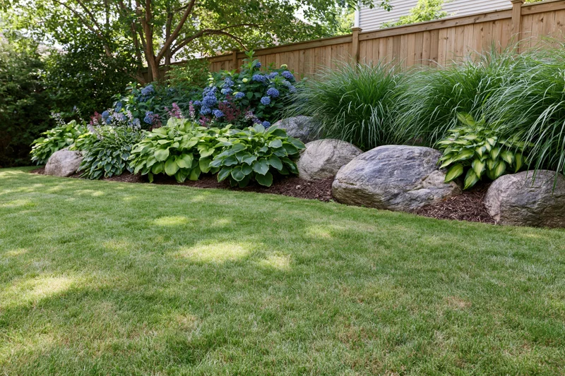 Well-maintained suburban backyard lawn with flower beds and rocks along a wooden fence