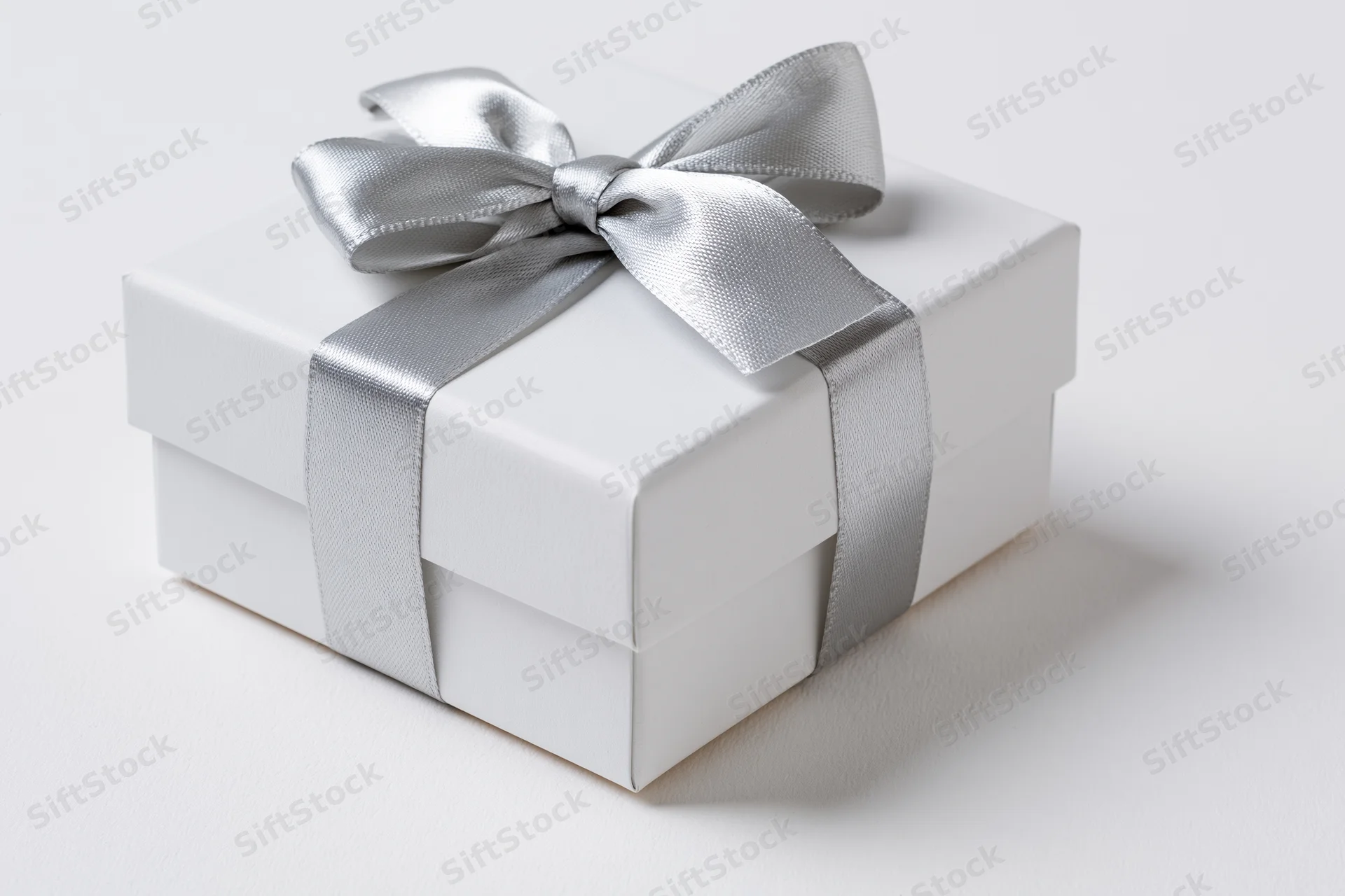White gift box wrapped with silver satin ribbon on plain white surface