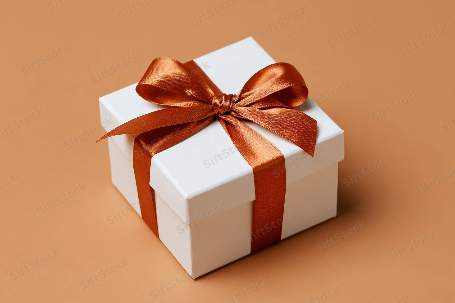 White gift box tied with a glossy burnt-orange satin ribbon on a solid terracotta background