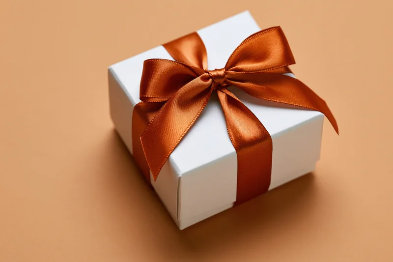 White gift box tied with a glossy burnt-orange satin ribbon on a solid background