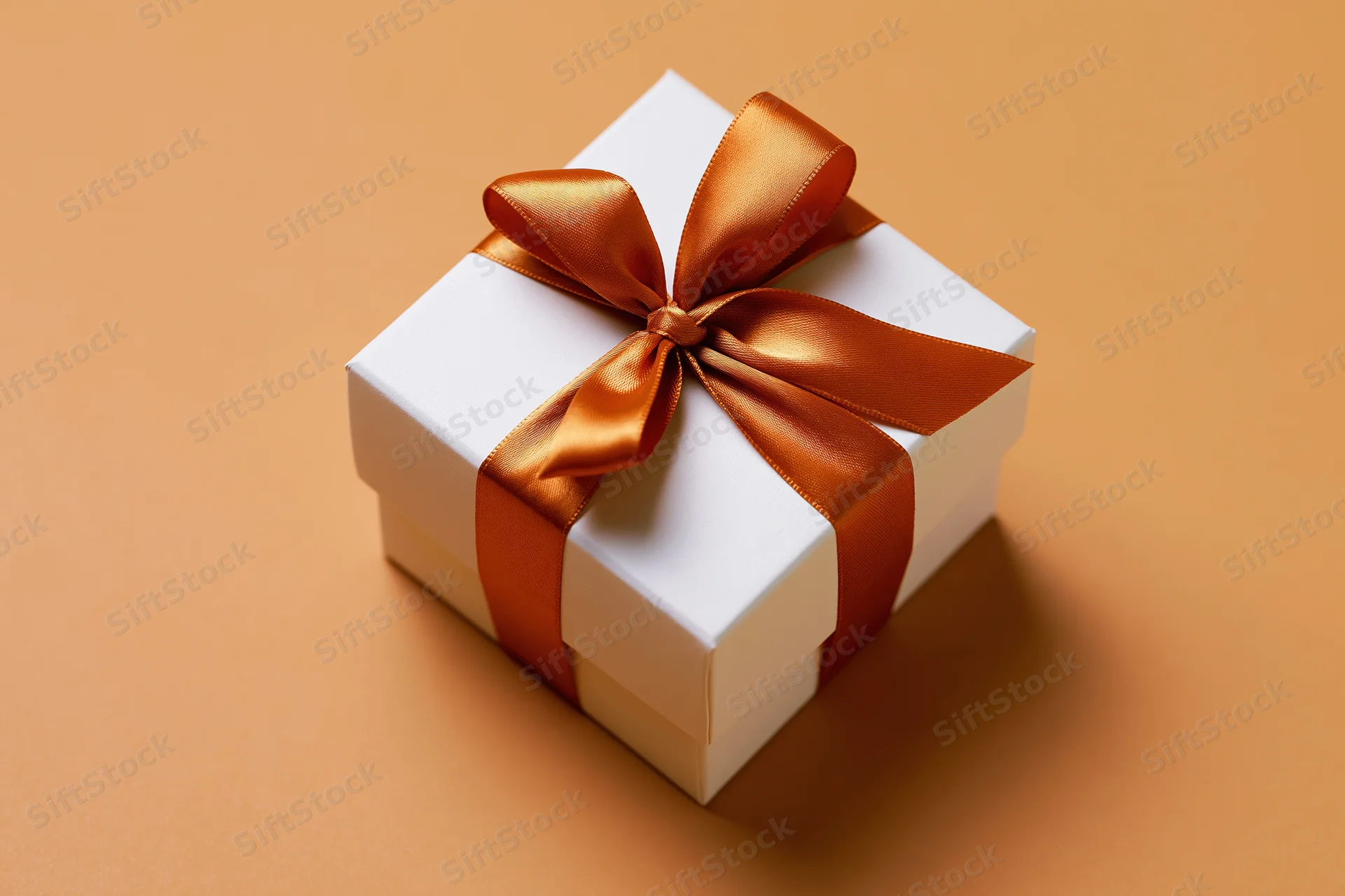 White gift box tied with a glossy burnt-orange satin ribbon on a solid background