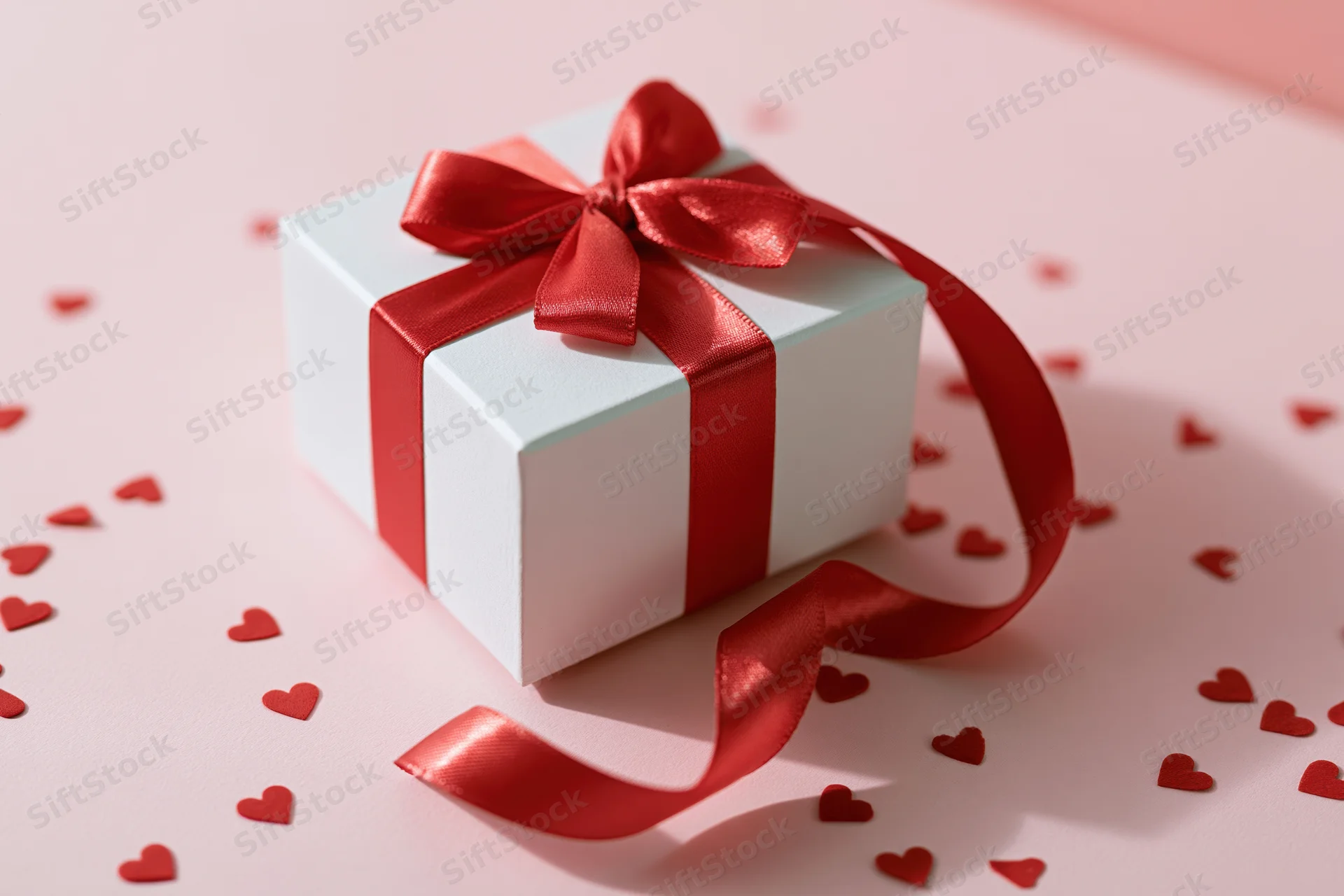 White gift box with red satin ribbon and bow on pink surface surrounded by small red hearts