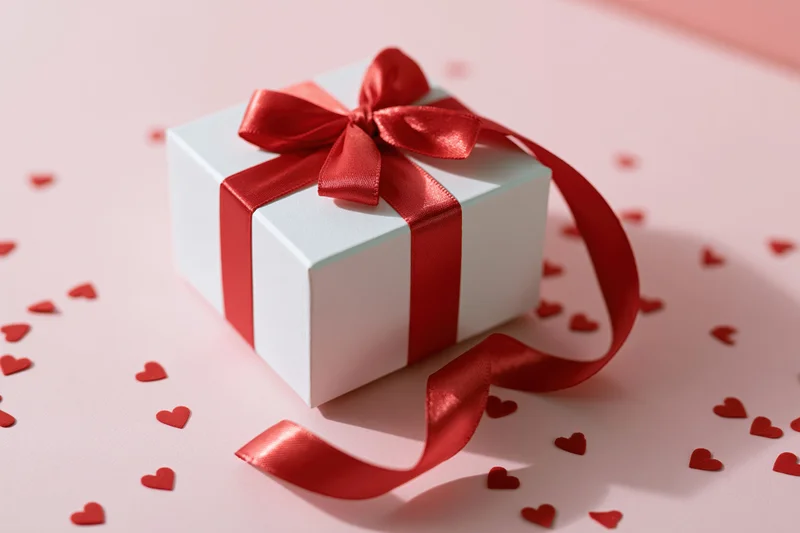 White gift box with red satin ribbon and bow on pink surface surrounded by small red hearts