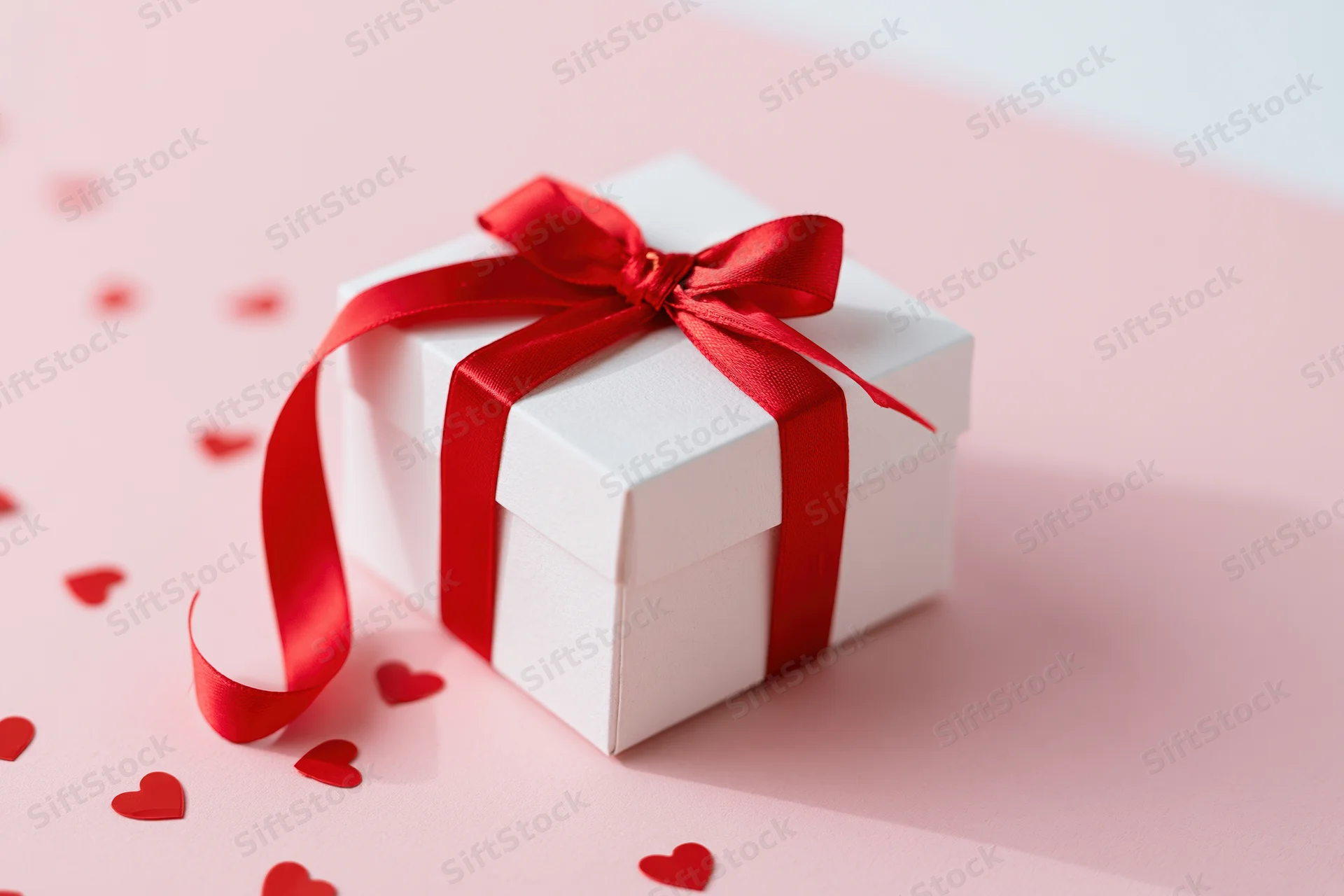 White gift box tied with red satin ribbon and bow on pink surface with scattered red hearts
