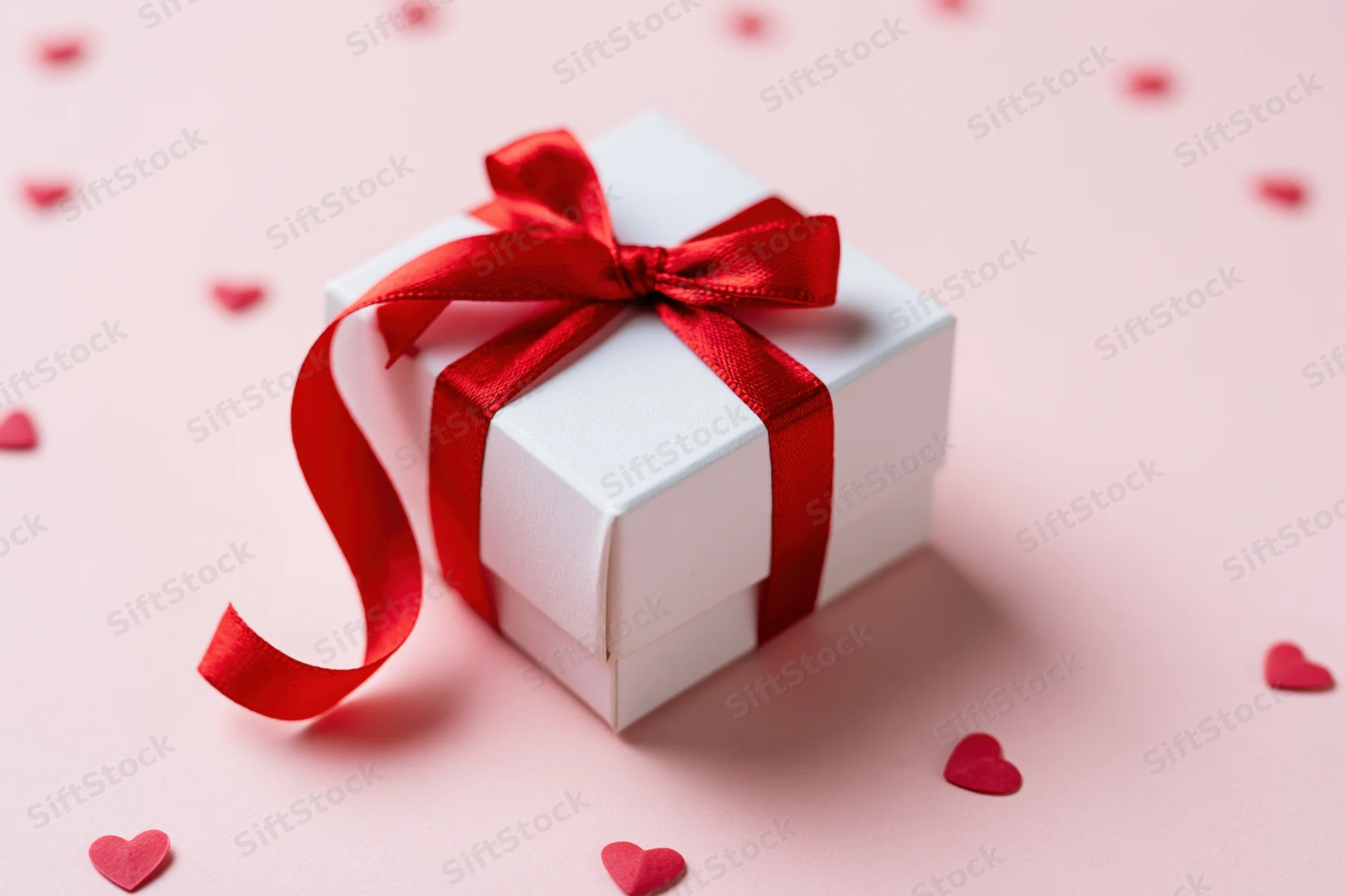 White gift box tied with red satin ribbon and bow on pink surface with scattered red hearts