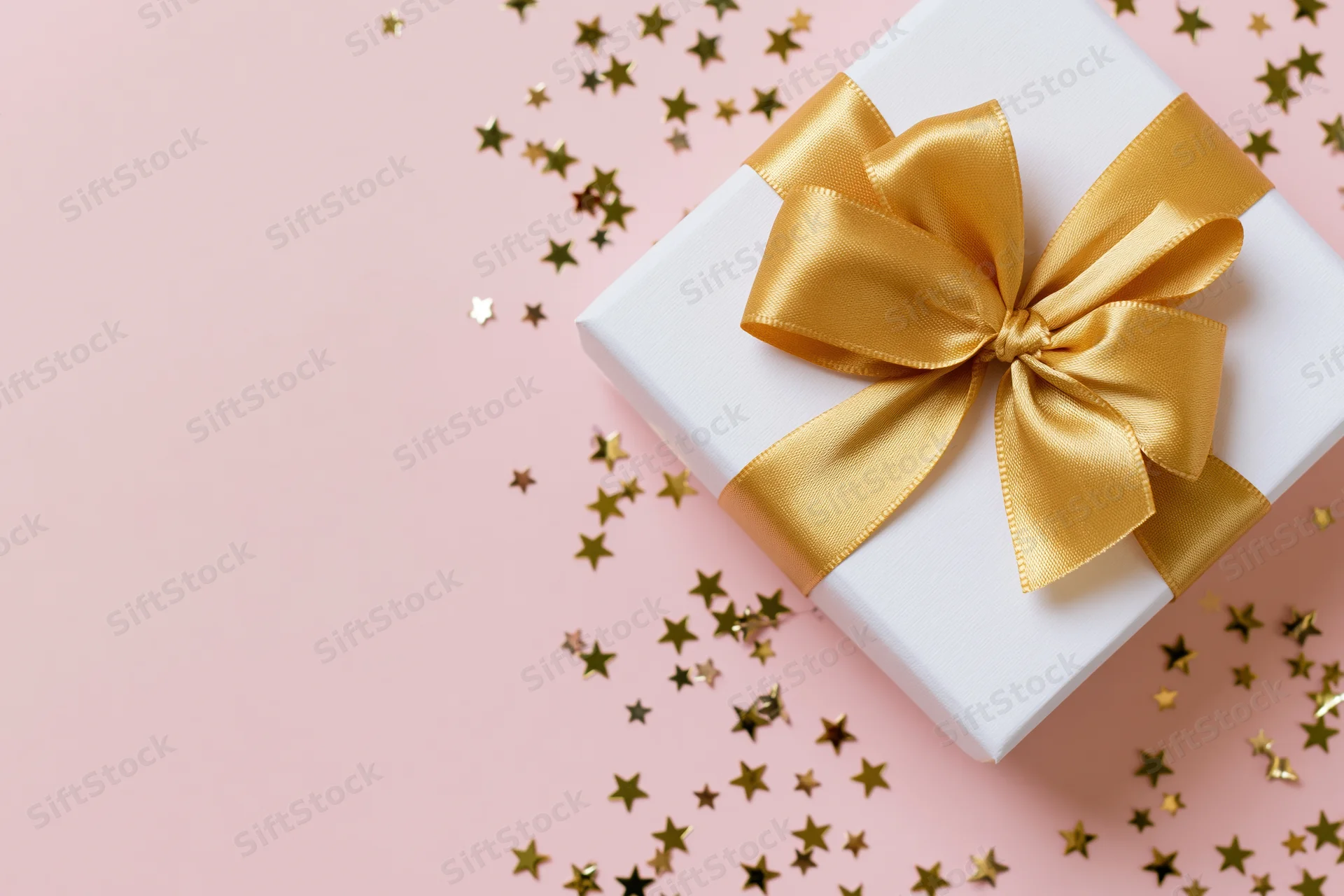 White gift box with gold satin ribbon bow on pink surface surrounded by star confetti