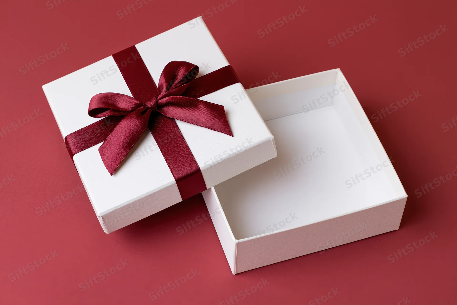 Open white gift box with red satin ribbon bow on red surface