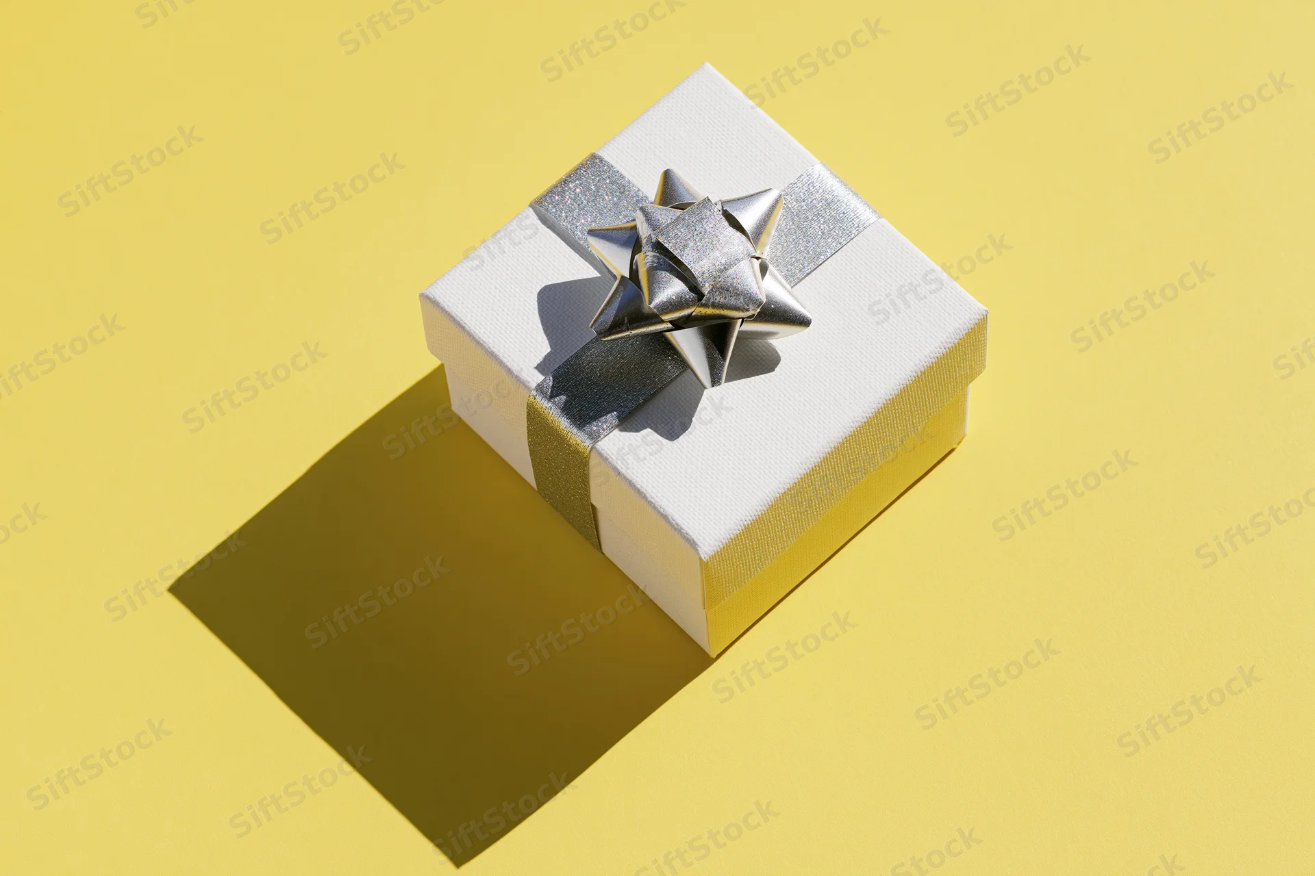 White textured gift box with silver glitter ribbon and star on yellow background