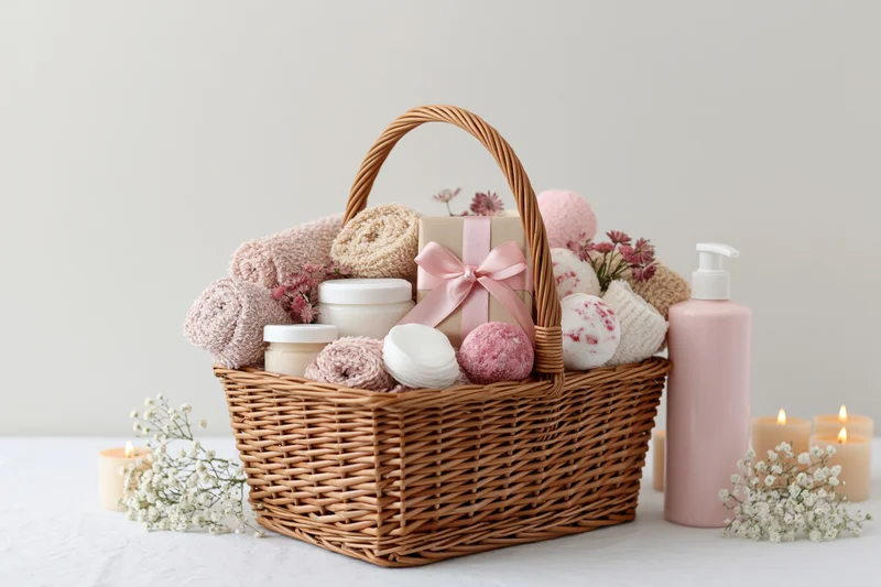 Wicker basket filled with spa and skincare products including towels, candles, and flowers on a white surface