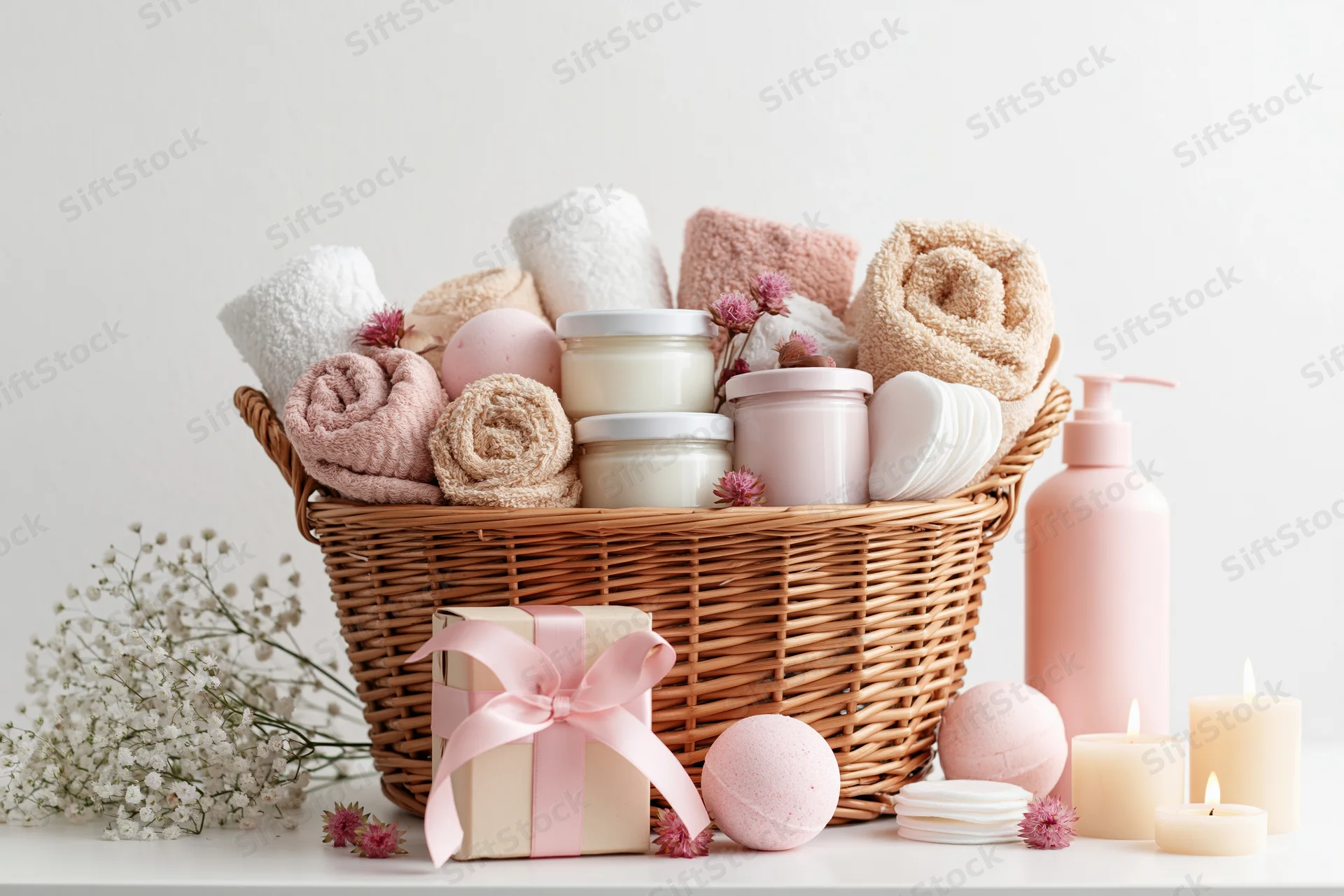 Wicker basket filled with spa and skincare products including towels, bath bombs, candles, and a gift box on a white surface