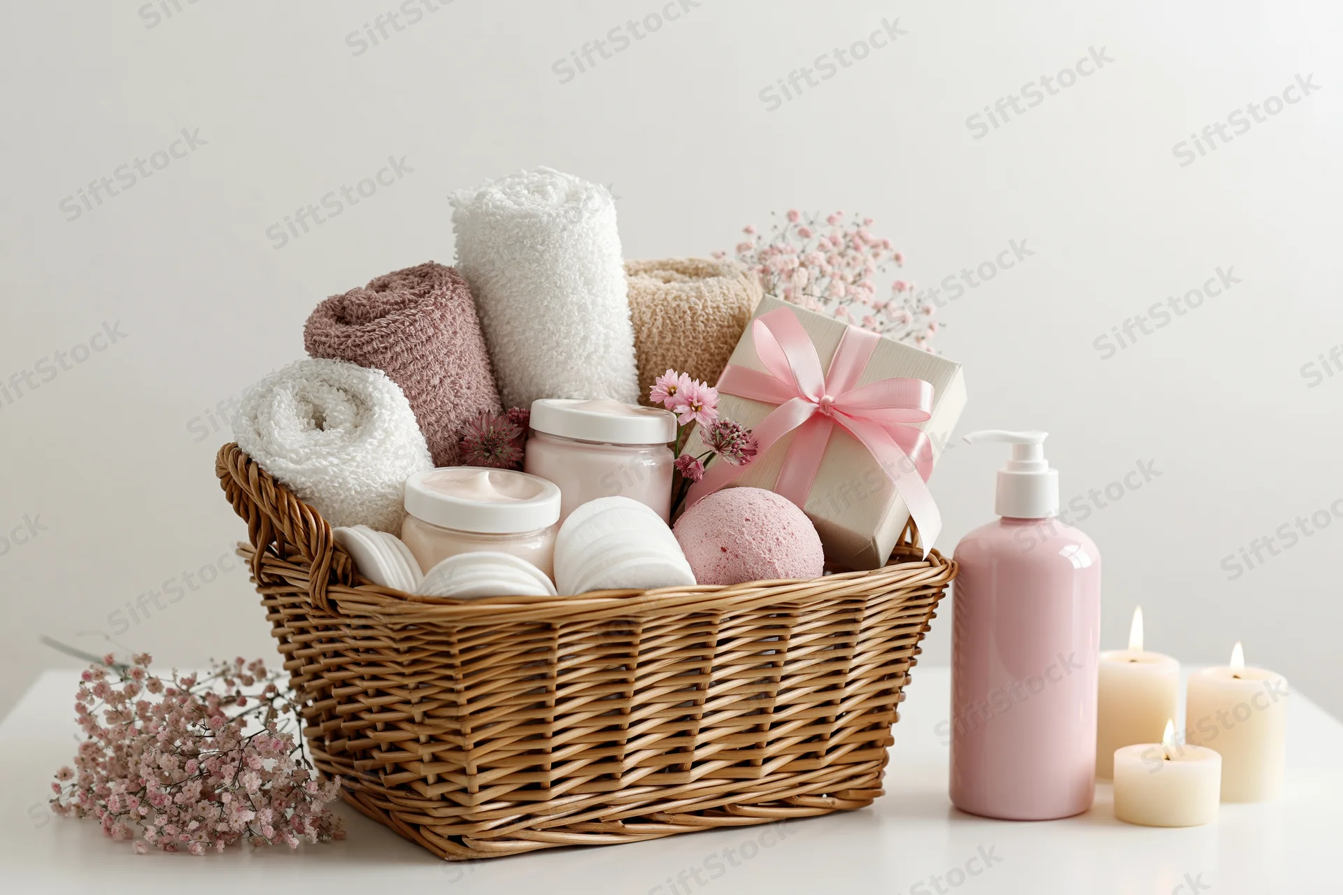 Wicker basket filled with spa and skincare products including towels, candles, and lotions on a white surface
