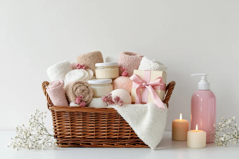 Wicker basket filled with spa and skincare products including towels, candles, and lotions on a white surface