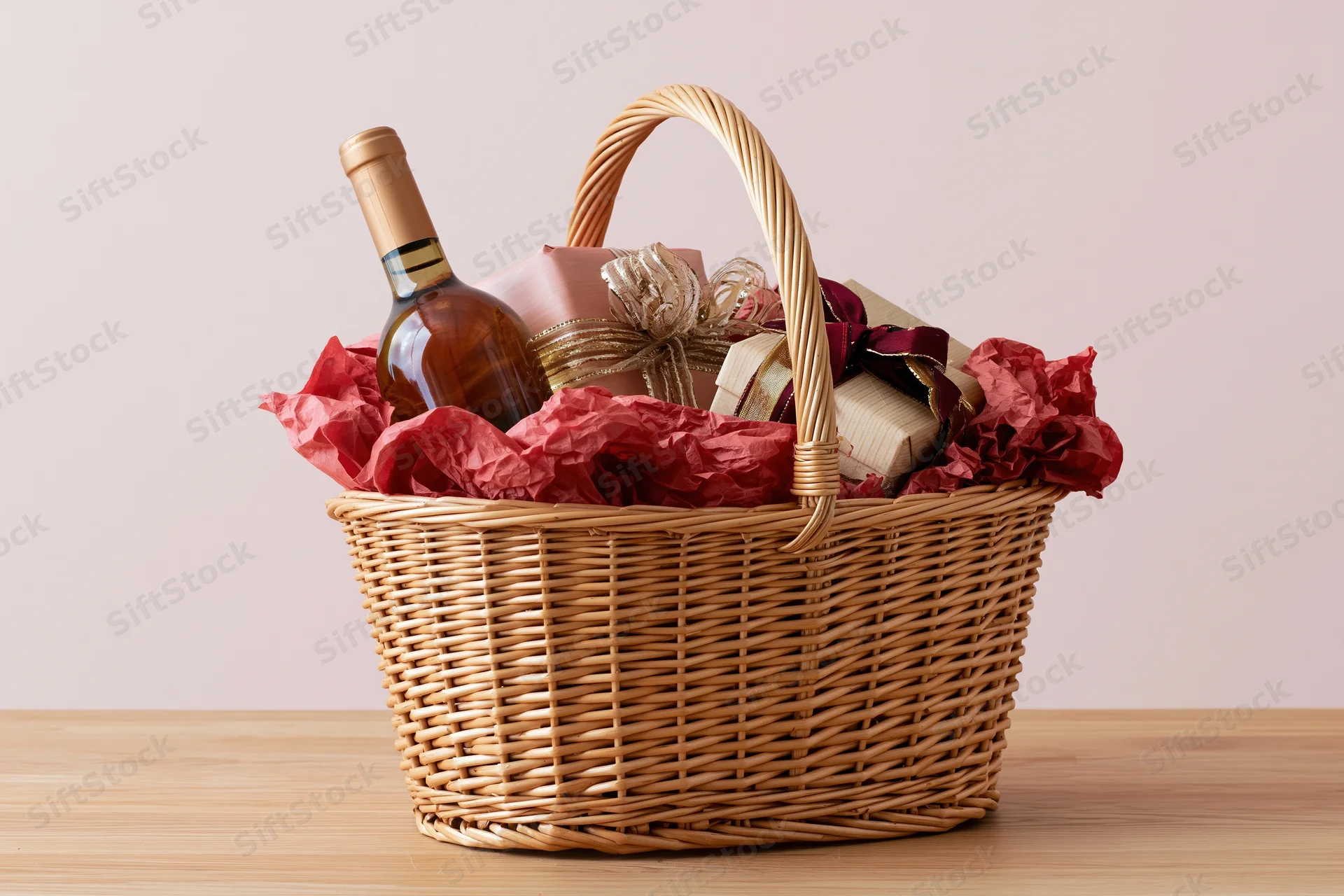 Wicker gift basket filled with wine bottle and wrapped gift box on wooden table