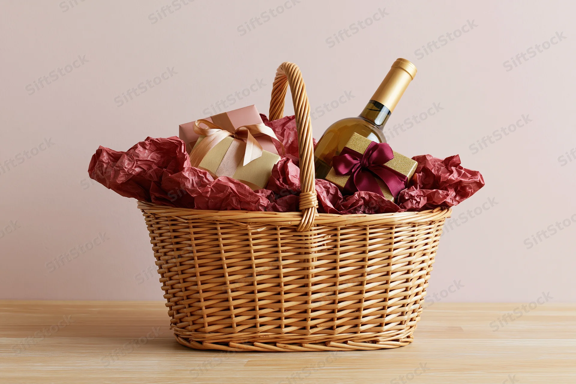 Wicker gift basket filled with wine bottle and wrapped gifts on wooden table