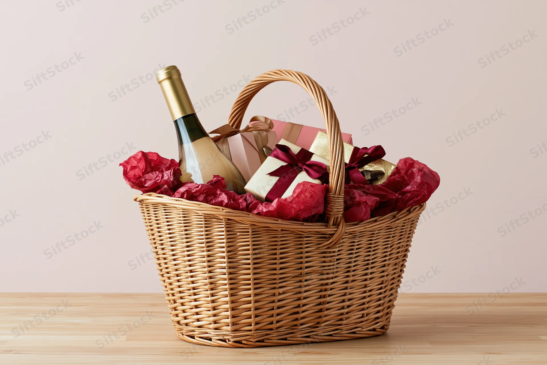Wicker gift basket filled with wine bottle and wrapped gift box on wooden table