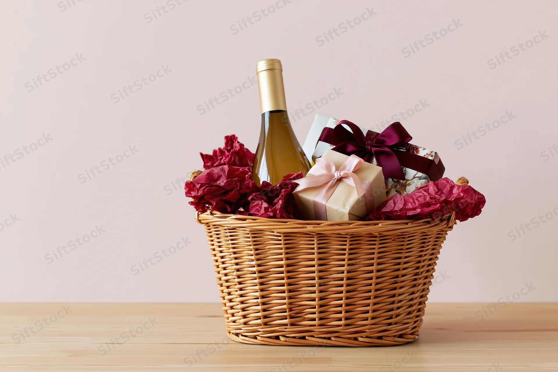 Wicker gift basket filled with wine bottle and wrapped gift boxes on wooden table