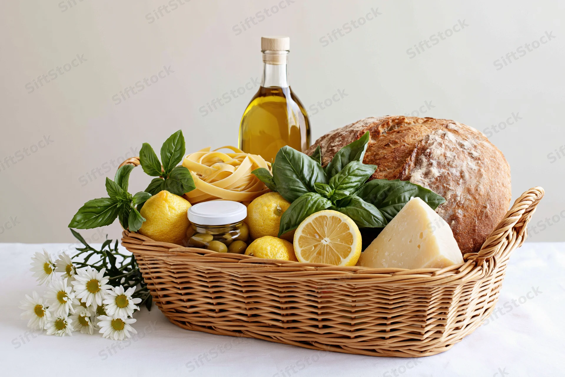 Wicker basket filled with artisan bread, tagliatelle, olive oil, cheese, lemons, basil, and daisies on a white table