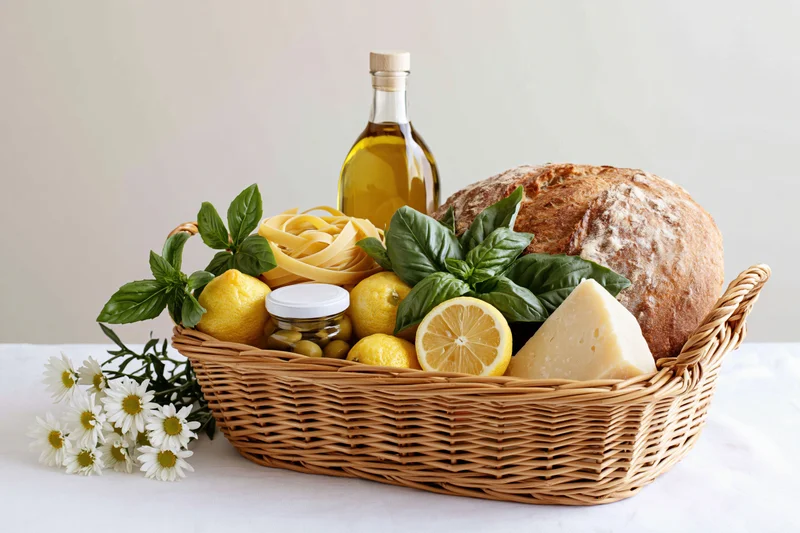 Wicker basket filled with artisan bread, tagliatelle, olive oil, cheese, lemons, basil, and daisies on a white table