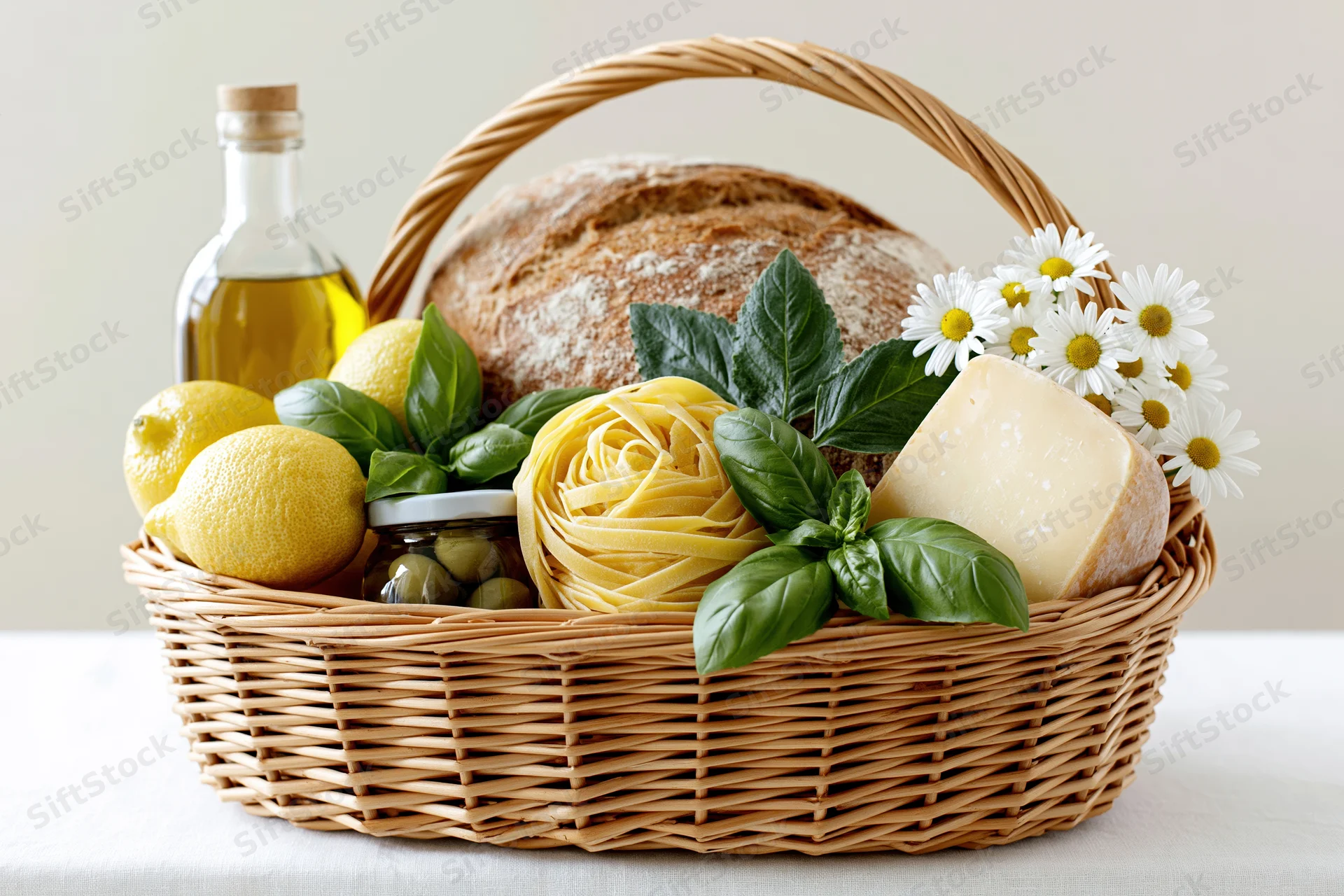 Wicker basket filled with artisan bread, tagliatelle, cheese, lemons, basil, olives, olive oil, and daisies on a white tablecloth