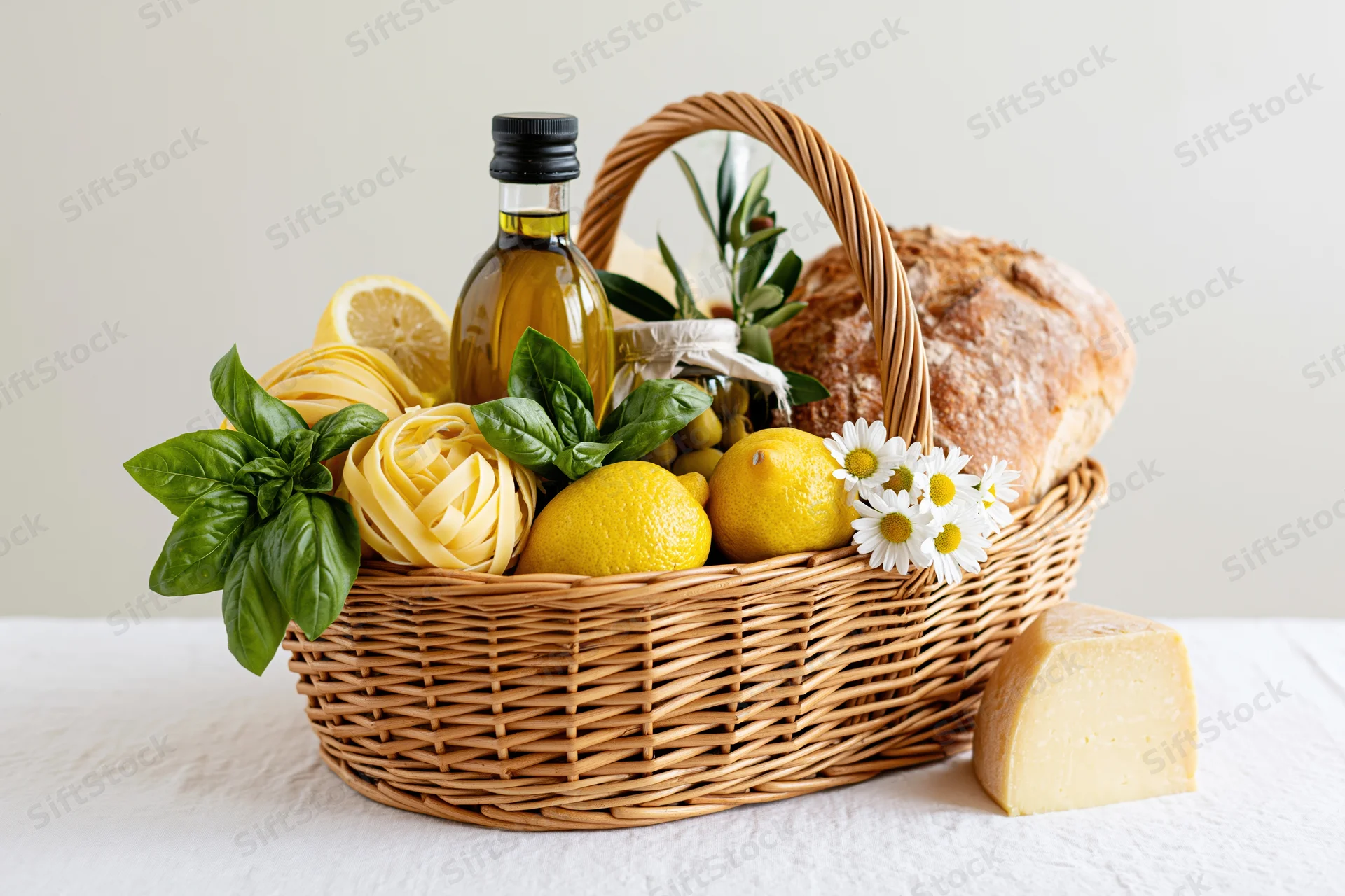 Wicker basket filled with artisan bread, tagliatelle pasta, cheese, olive oil, lemons, basil, and daisies on a white table