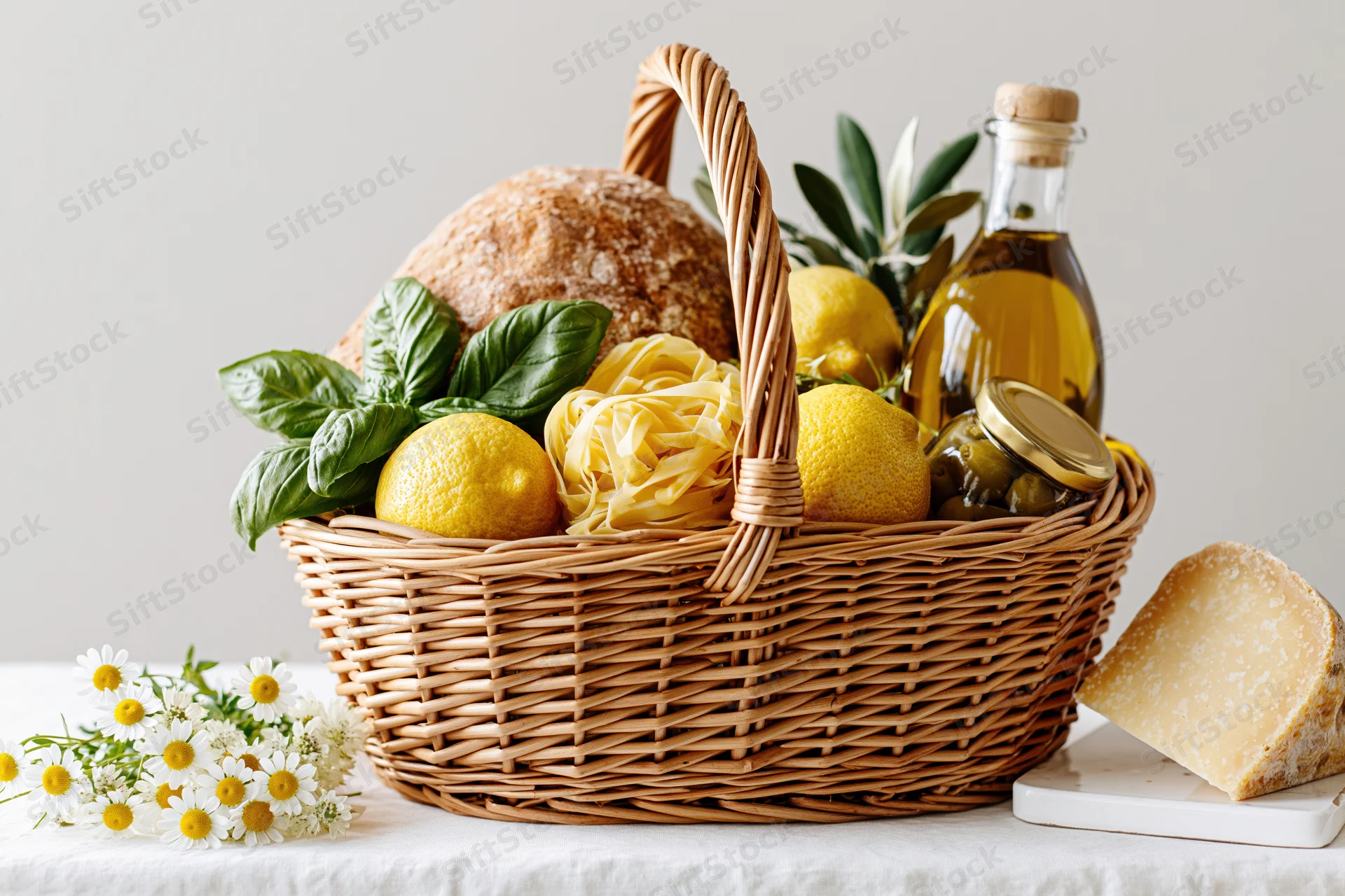 Wicker basket filled with artisan bread, tagliatelle, lemons, basil, olive oil, olives, and cheese on a white table with chamomile flowers beside it