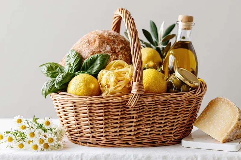 Wicker basket filled with artisan bread, tagliatelle, lemons, basil, olive oil, olives, and cheese on a white table with chamomile flowers beside it
