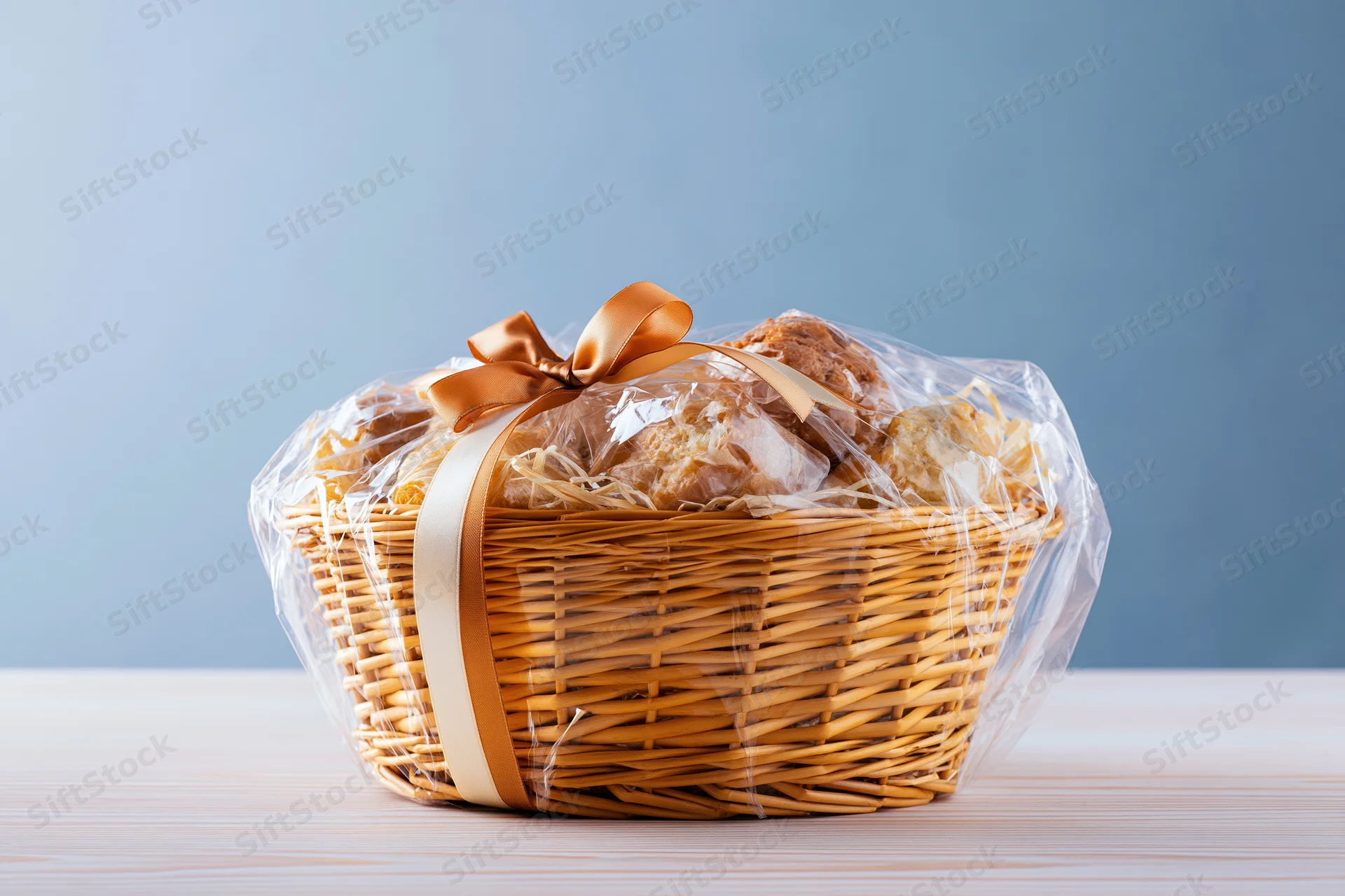 Wicker basket filled with wrapped baked goods tied with a ribbon on a wooden table