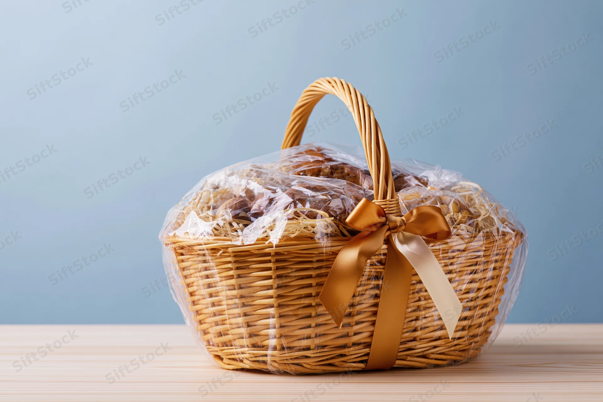 Wicker gift basket wrapped in cellophane with gold ribbon on wooden table