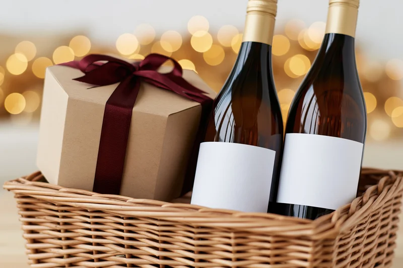 Wicker basket holding two wine bottles with blank labels and a gift box tied with a red ribbon, set against warm bokeh lights