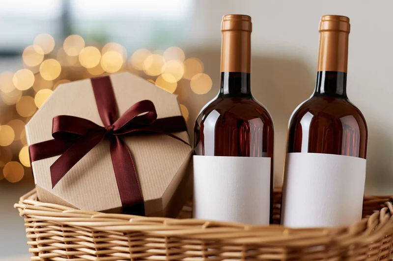 Wicker basket holding two wine bottles with blank labels and a gift box tied with burgundy ribbon, set against warm bokeh lights