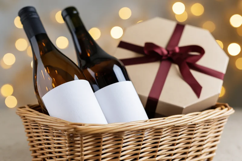 Wicker basket holding two wine bottles with blank labels and a gift box tied with burgundy ribbon against warm bokeh lights