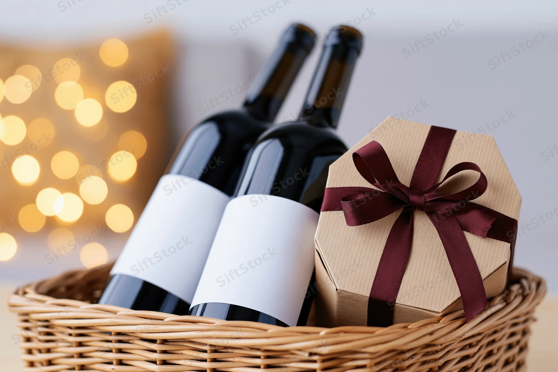 Wicker basket holding two wine bottles with blank labels and a gift box tied with ribbon, set against blurred festive lights