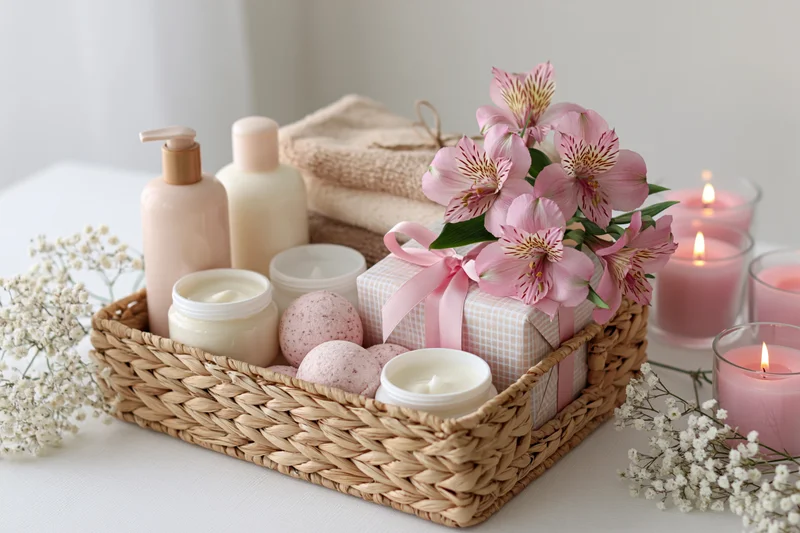 Wicker basket filled with skincare products and flowers on a table