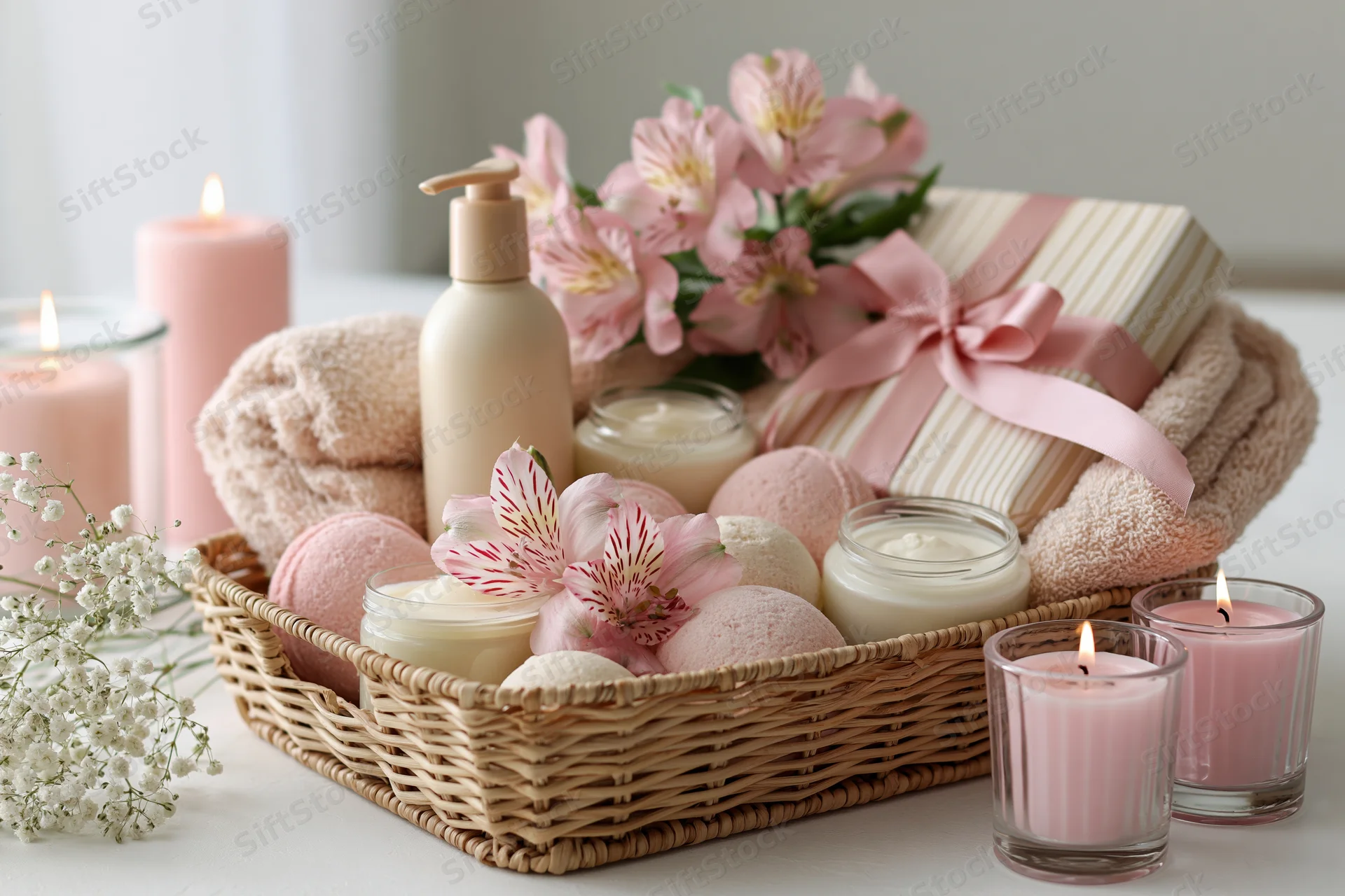 Wicker basket filled with spa products and flowers on a table