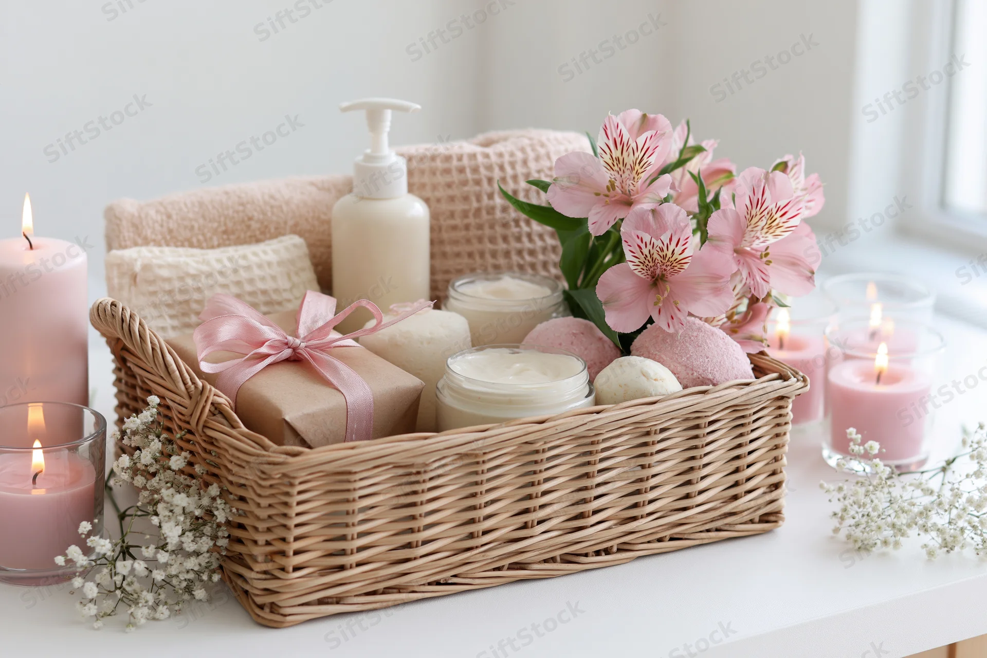 Wicker basket filled with spa and skincare products including lotion, cream, candles, flowers and towels on a white surface