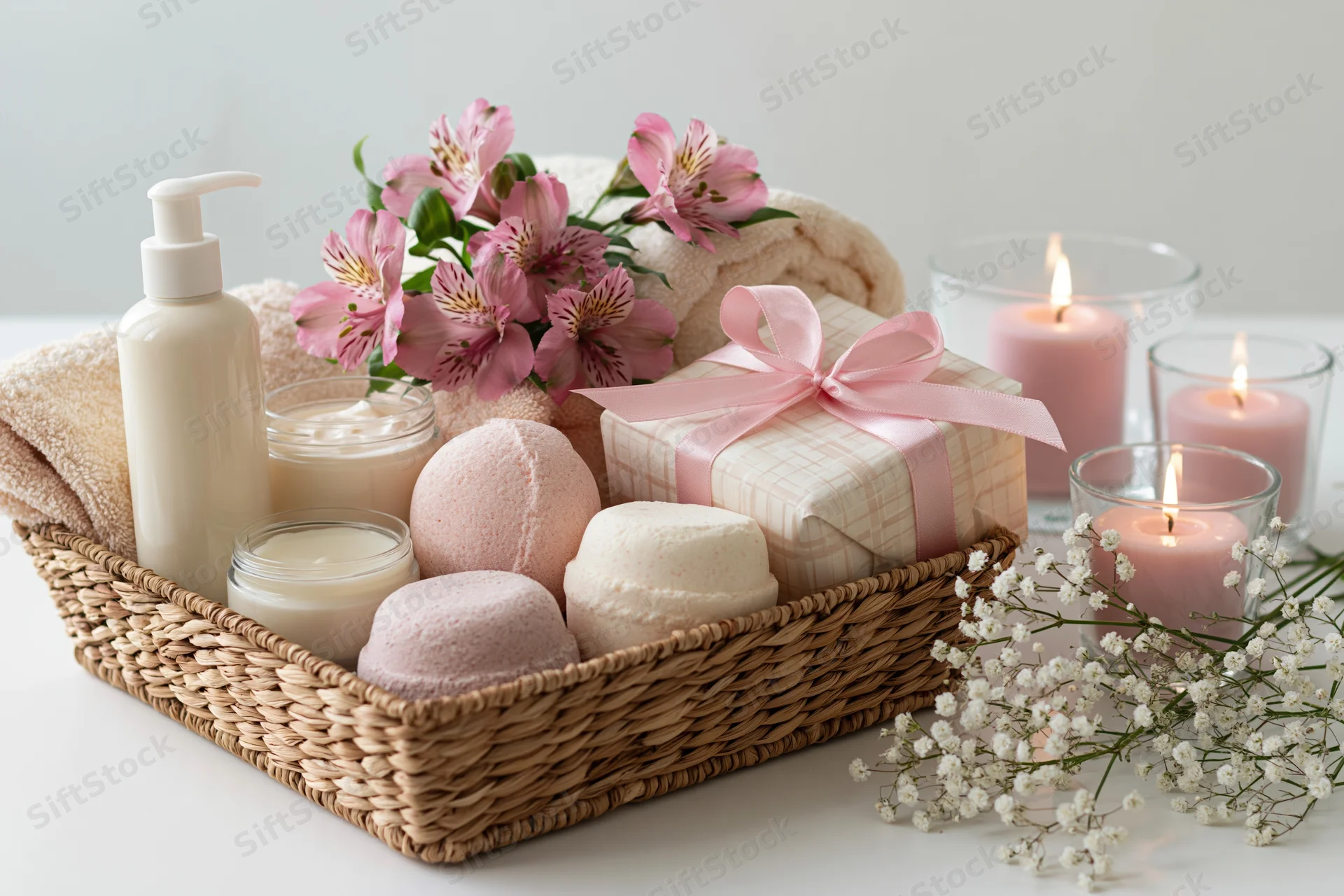 Wicker basket filled with spa products and flowers on a white surface