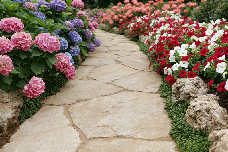 Winding flagstone path curving through dense flowerbeds of pink hydrangeas and red white petunias in a landscaped garden