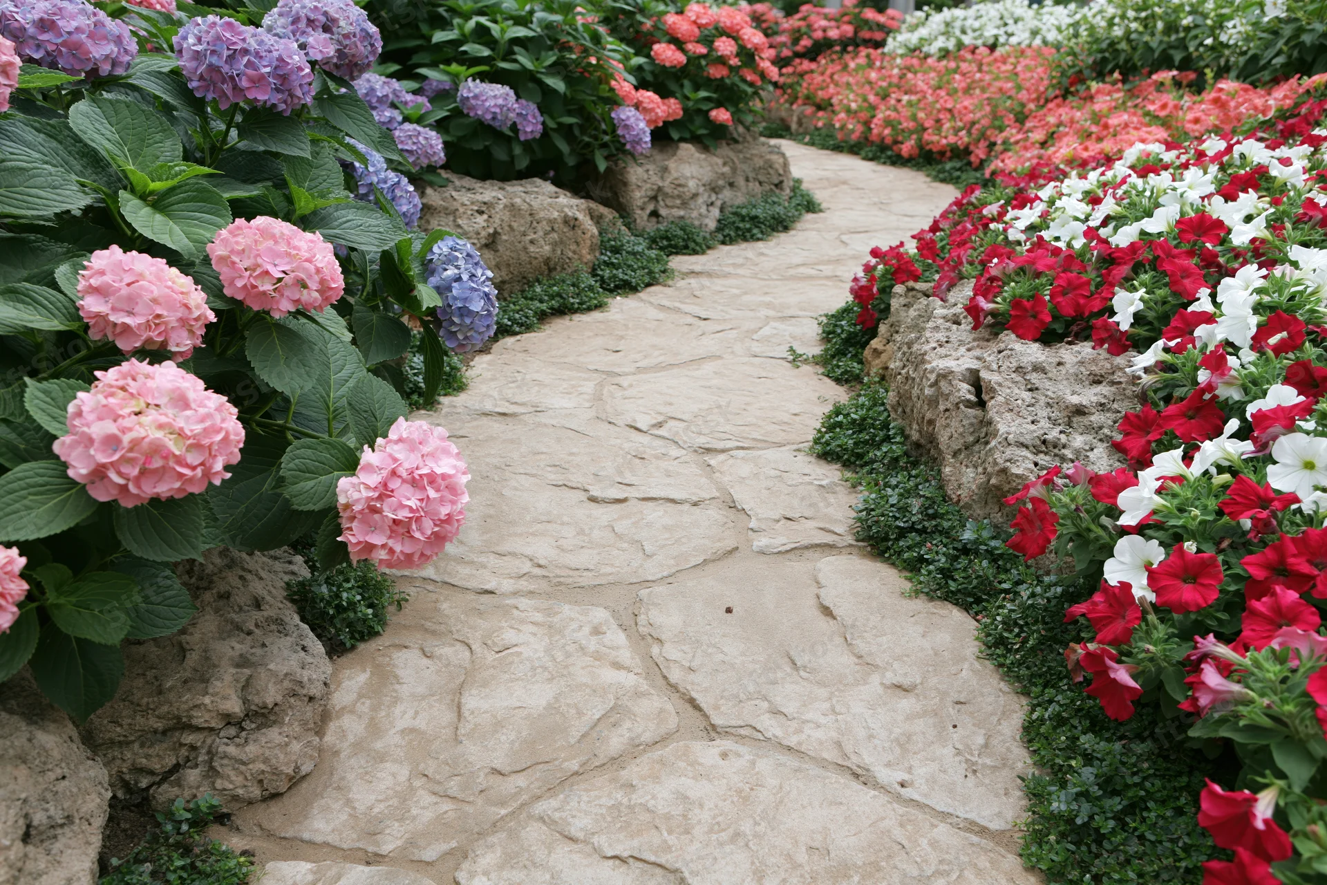Winding flagstone path curving through densely planted flowerbeds with hydrangeas and petunias in a garden