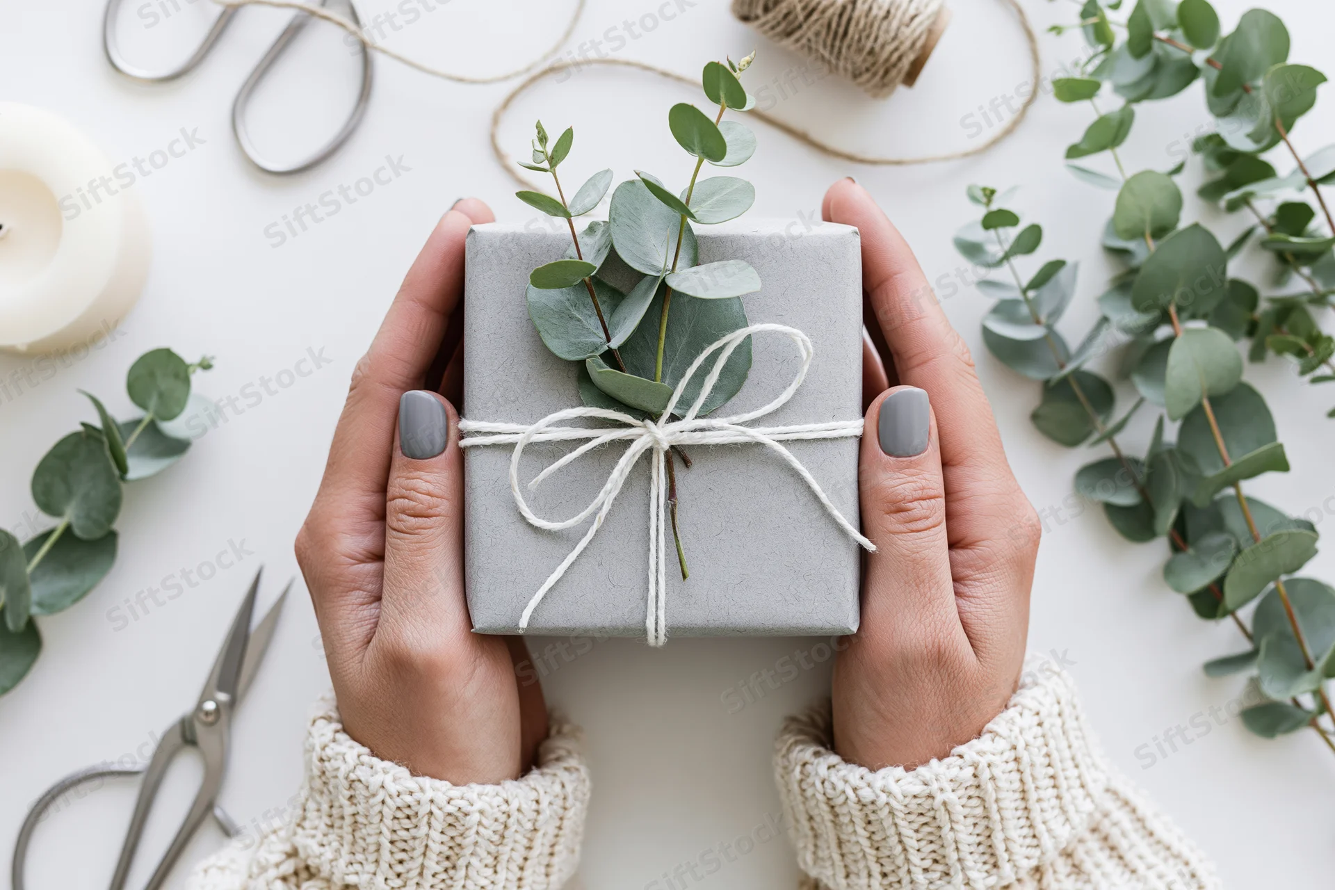 Woman's hands holding a grey kraft paper gift box tied with white twine and eucalyptus sprig, surrounded by crafting supplies on white surface