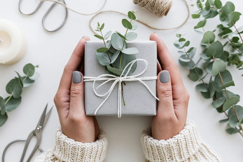 Woman's hands holding a grey kraft paper gift box tied with white twine and eucalyptus sprig, surrounded by crafting supplies on white surface