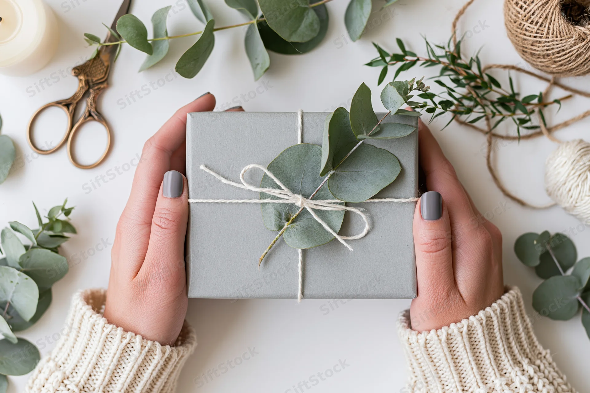Woman's hands holding a grey kraft paper gift box tied with twine and eucalyptus leaves on a white surface